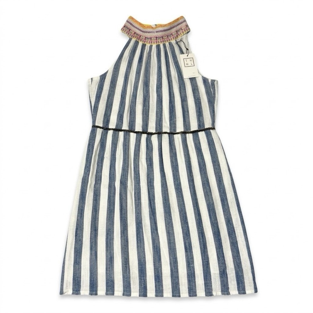 THML Women's Blue Striped Embroidered Halter Neck Mini Dress Size XS